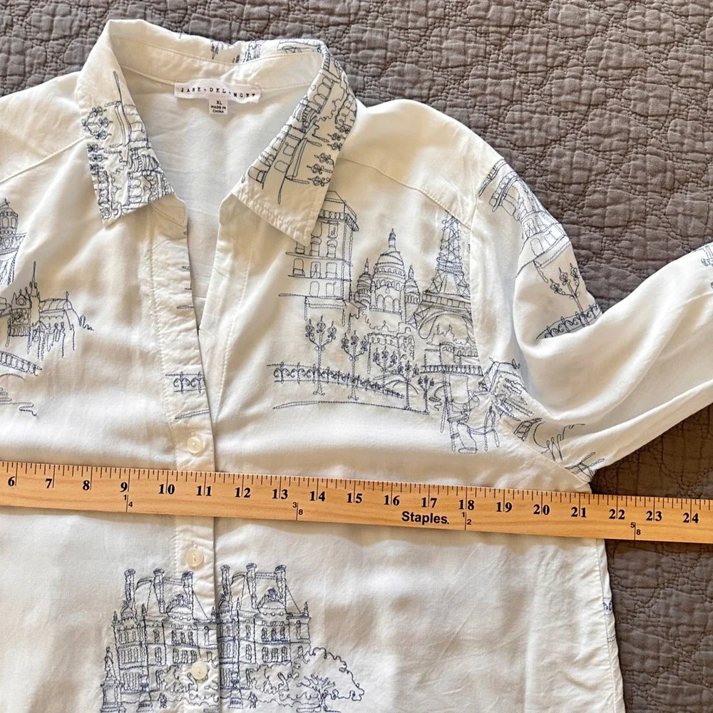 Anthropology Jane + Delancey Paris City Print Button Down Shirt White Blue Sz XL